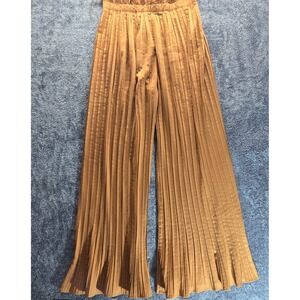Goodtimeusa Women's 2-Piece Set XL Mustard Brown Pleated Pants Tie‎ Blouse